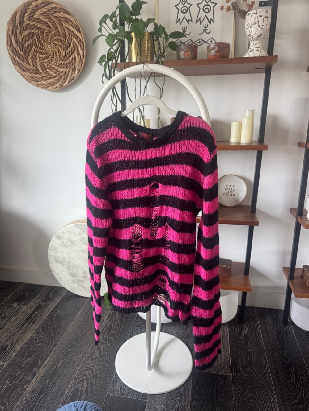 Tripp NYC Distressed Striped Crewneck Sweater in Hot Pink & Black
